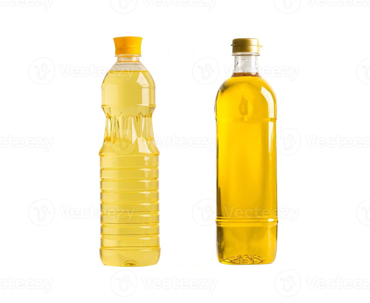 Vegetable oil with olive oil in different bottle for cooking isolated on white background. photo