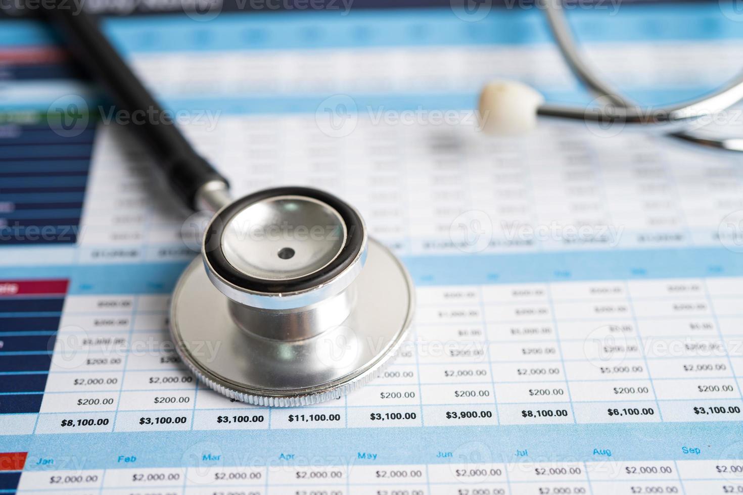 Stethoscope on spreadsheet paper, Finance, Account, Statistics, Investment, Analytic research data economy and Business company concept. photo