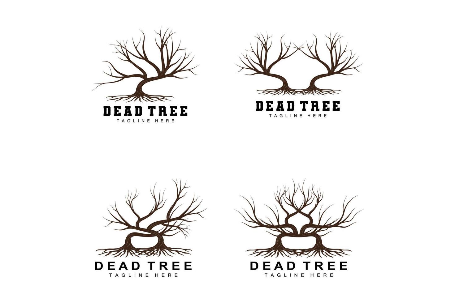 diseño de logotipo de árbol, ilustración de árbol muerto, tala de árboles silvestres, vector de calentamiento global, sequía de la tierra, íconos de marca de producto