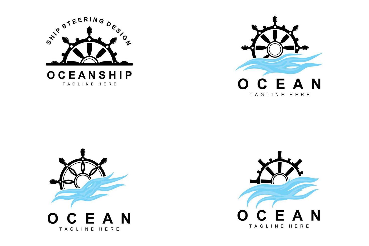 Ship Steering Logo, Ocean Icons Ship Steering Vector With Ocean Waves, Sailboat Anchor And Rope, Company Brand Sailing Design