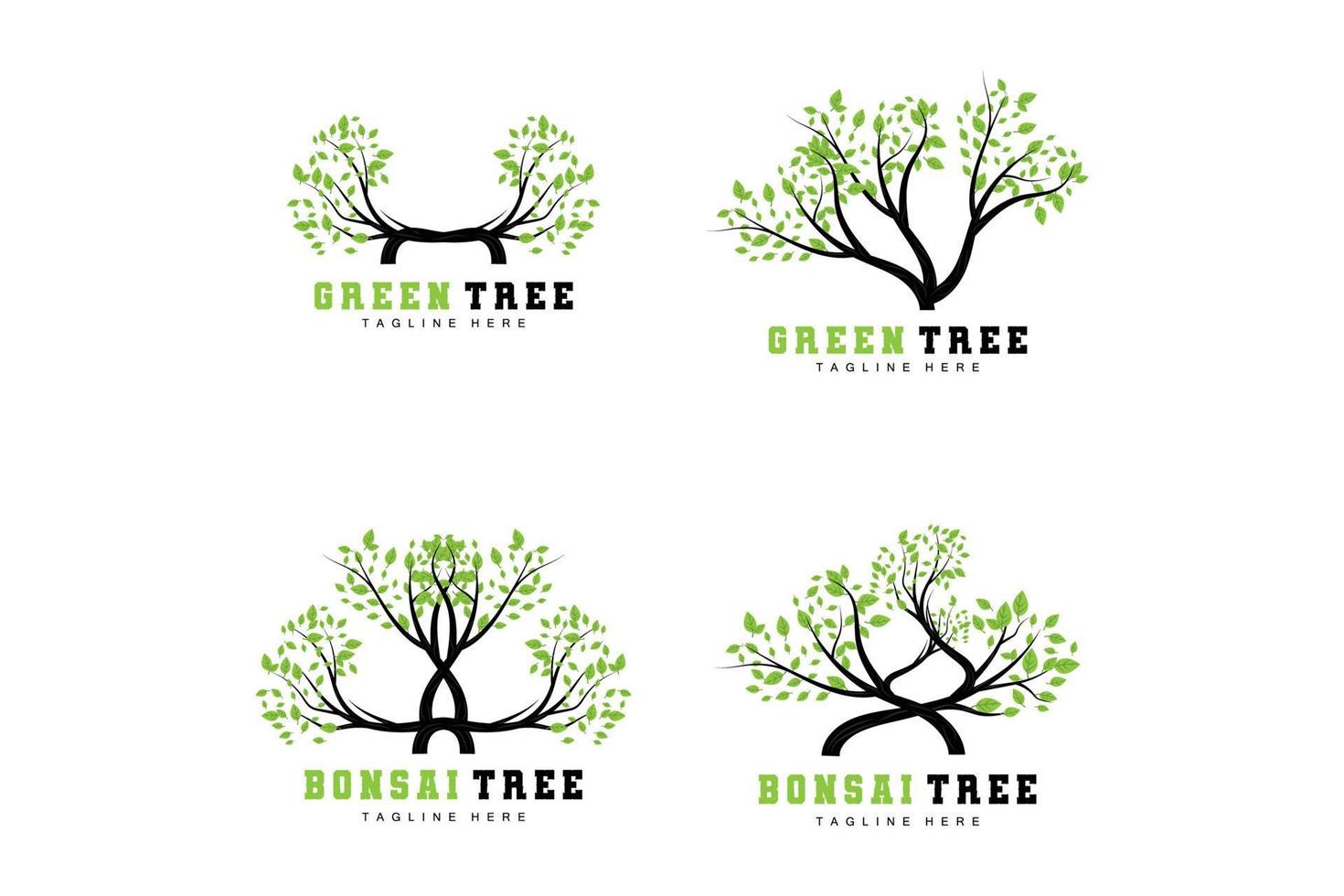 Green Tree Logo Design, Bonsai Tree Logo Illustration, Leaf And Wood Vector