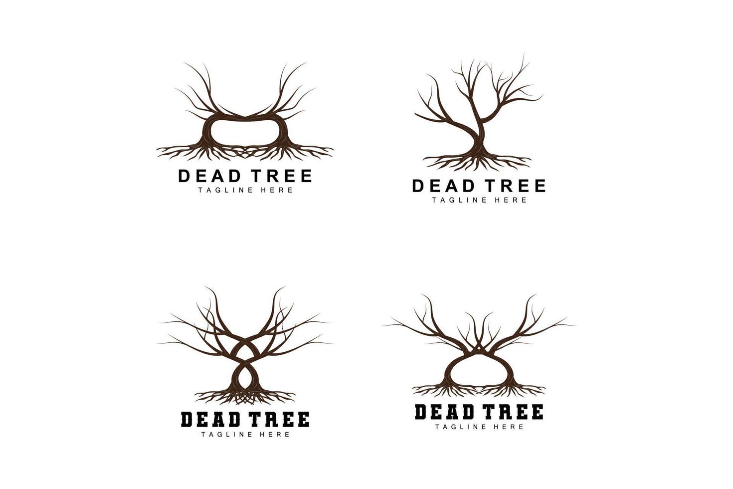 diseño de logotipo de árbol, ilustración de árbol muerto, tala de árboles silvestres, vector de calentamiento global, sequía de la tierra, íconos de marca de producto