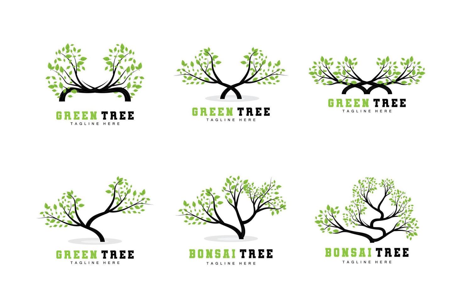 Green Tree Logo Design, Bonsai Tree Logo Illustration, Leaf And Wood Vector