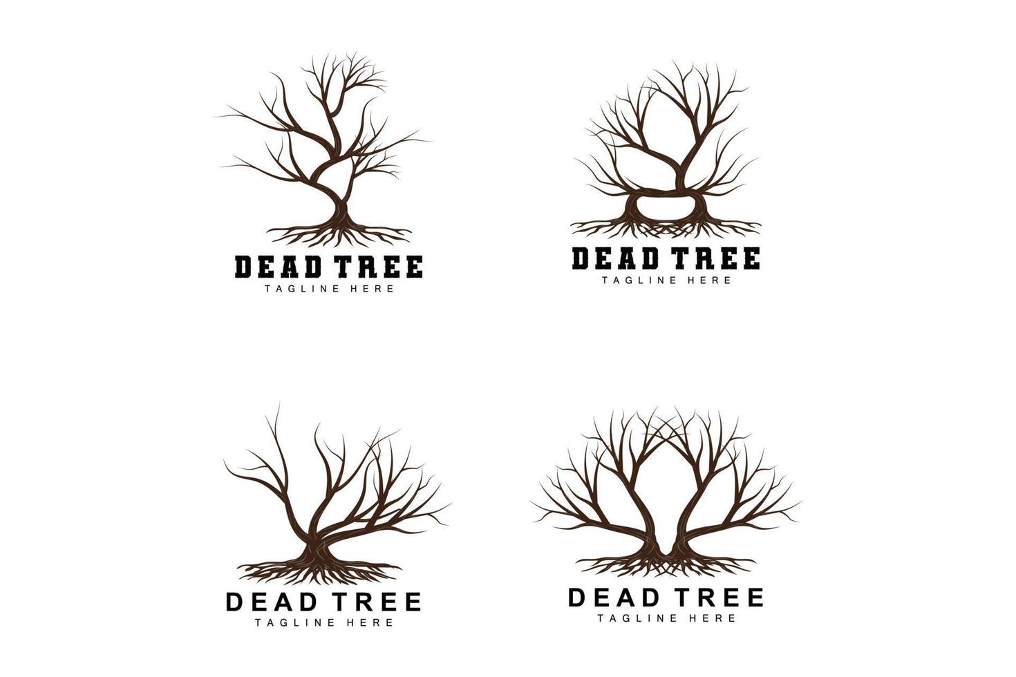 diseño de logotipo de árbol, ilustración de árbol muerto, tala de árboles silvestres, vector de calentamiento global, sequía de la tierra, íconos de marca de producto