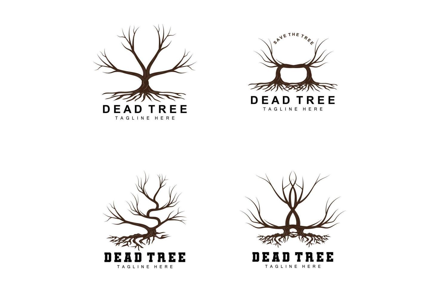 diseño de logotipo de árbol, ilustración de árbol muerto, tala de árboles silvestres, vector de calentamiento global, sequía de la tierra, íconos de marca de producto