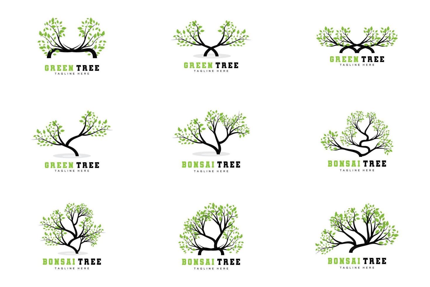 Green Tree Logo Design, Bonsai Tree Logo Illustration, Leaf And Wood Vector