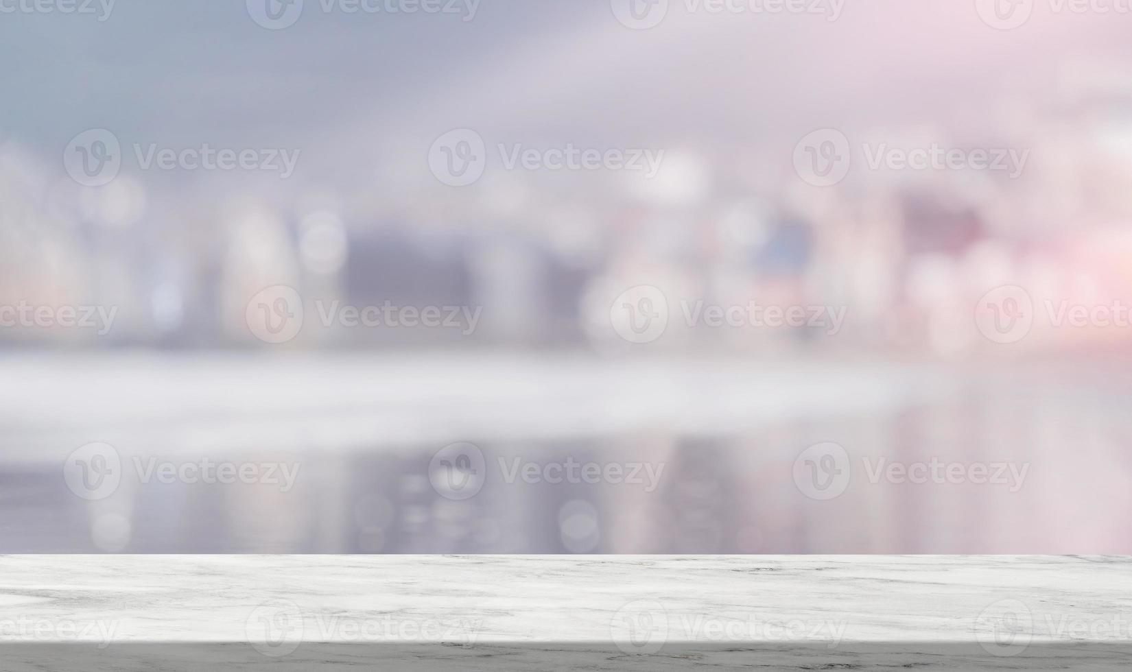 Marble table top on blurry light bokeh background,Glossy Marble shelf on defocus sunlight reflection,Empty Nature Granite floor texture background with copy space for product display presentation photo