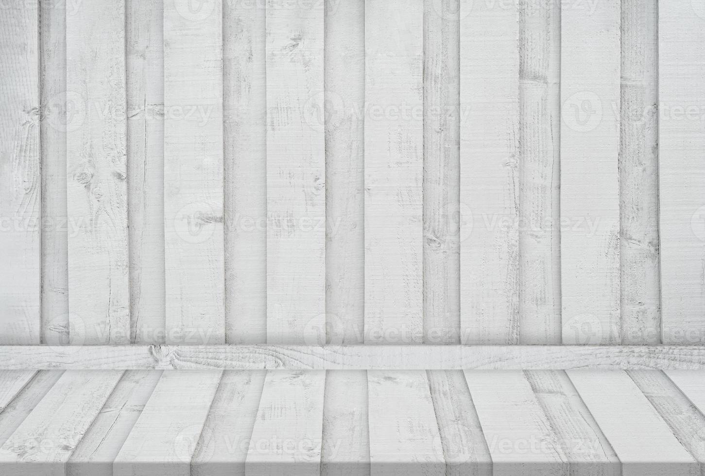 White wood display background, Wooden panel for indoor studio room. Backdrop background Empty Room Grey washed old wooden striped abstract texture in vintage style design for product presentation photo