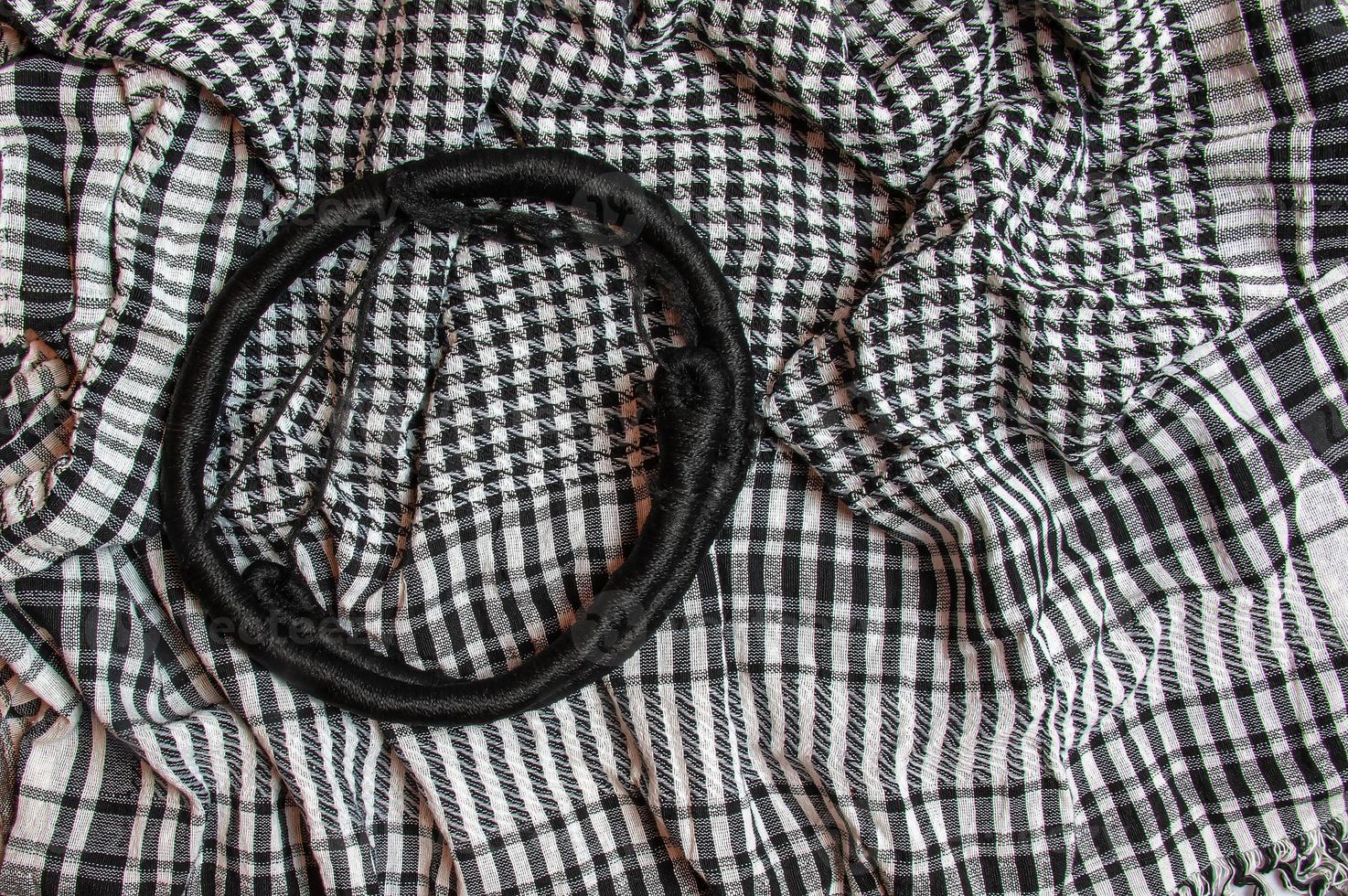 Background texture, pattern. Scarf wool like Yasser Arafat. The Palestinian keffiyeh is a gender-neutral checkered black and white scarf that is usually worn around the neck or head. photo