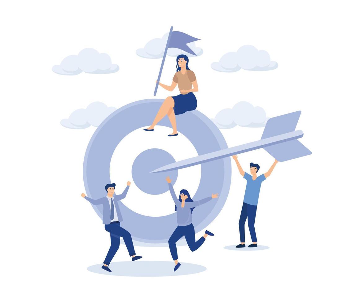 Achievement, teamwork helping to achieve target concept, dart hitting bullseye target.modern flat vector illustration