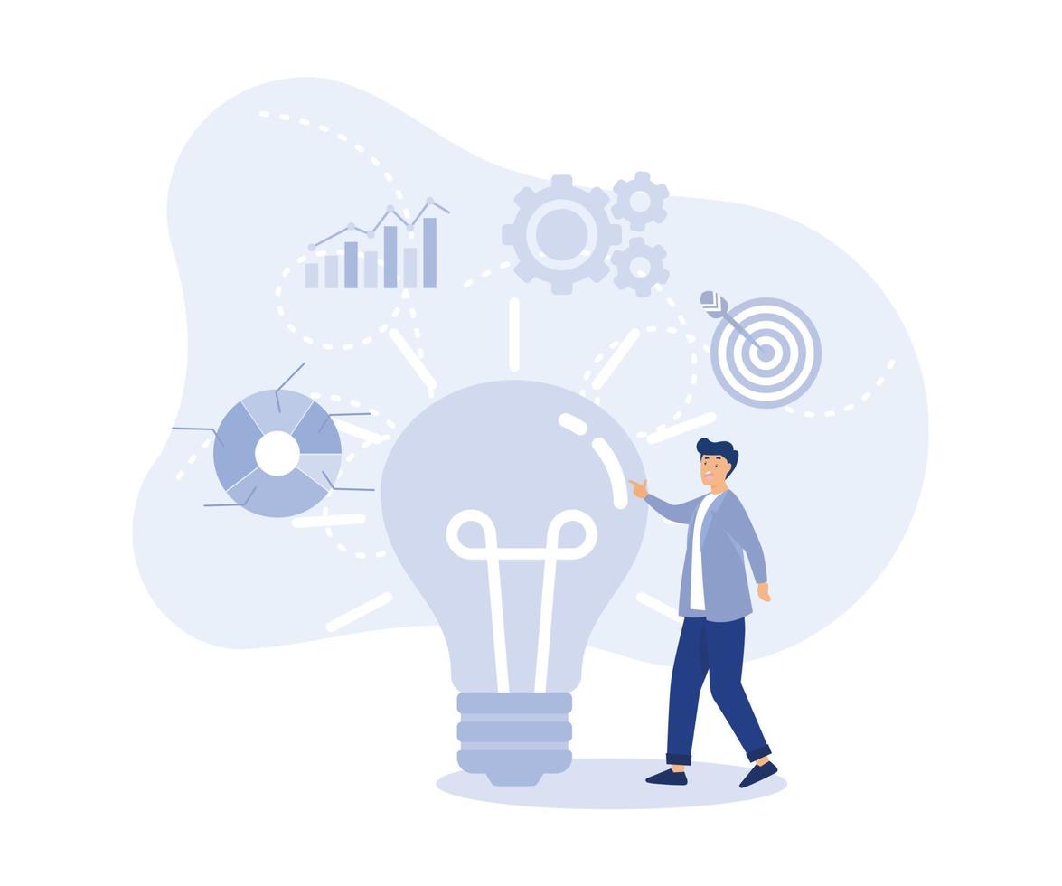 Business intelligence, report for management concept, man hold smart lightbulb with  intelligence data.modern flat vector illustration