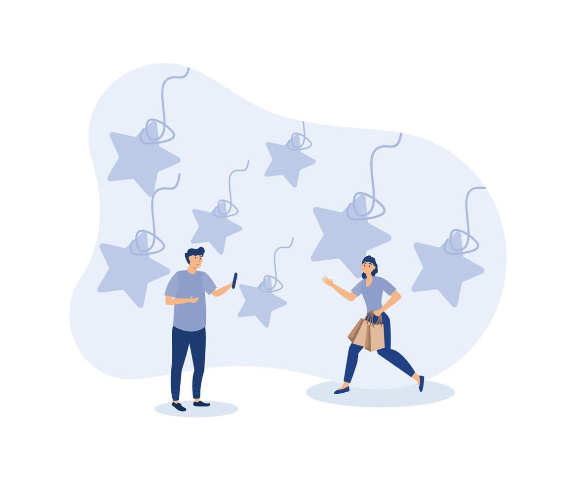 Customer experience rating, happy customer holding shopping bag hung on golden five stars,modern flat vector illustration