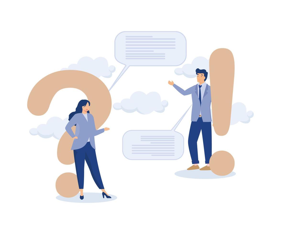 Question and answer,brainstorm conversation or quiz concept, businessman and woman ask and answer questions, modern flat vector illustration