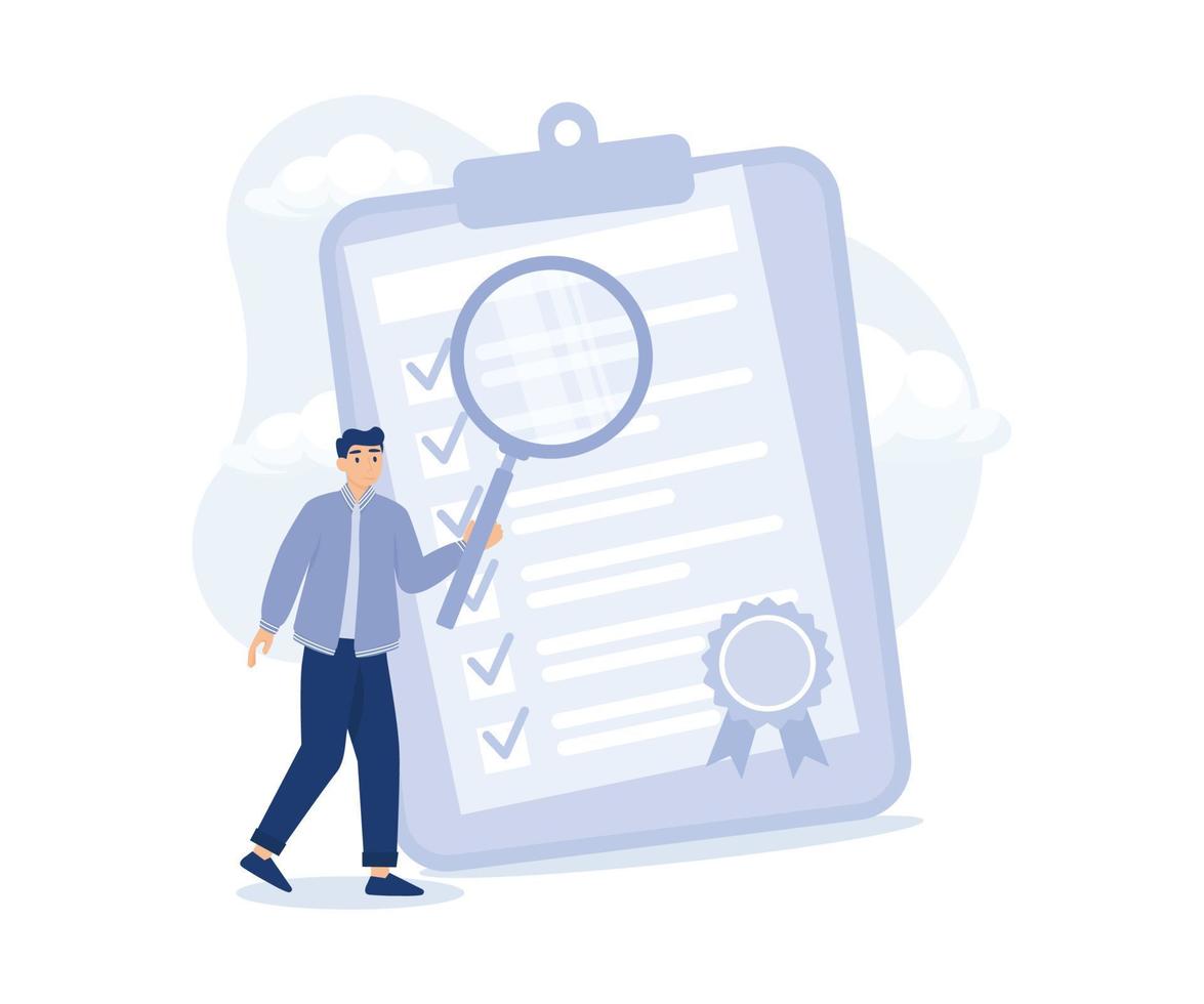 Standard, quality control or certified approval, businessman hold magnifying glass with standard QC badge document.modern flat vector illustration