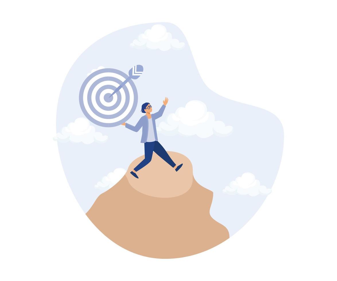 Business target,precision or accuracy concept, success businessman holding big target with arrow hit bullseye center. modern flat vector illustration