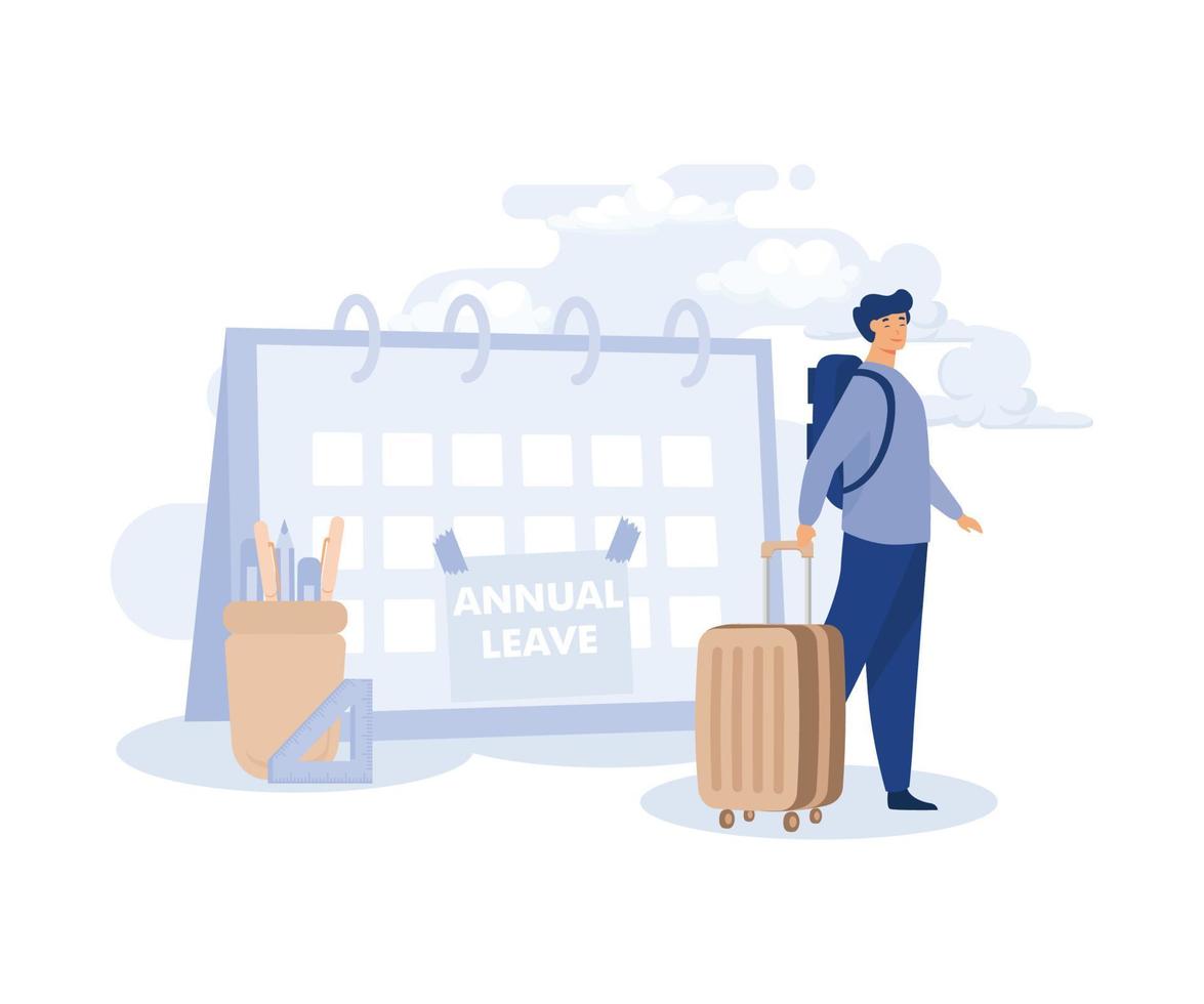 Annual leave,happy businessman running with luggage from calendar with annual leave note.modern flat vector illustration