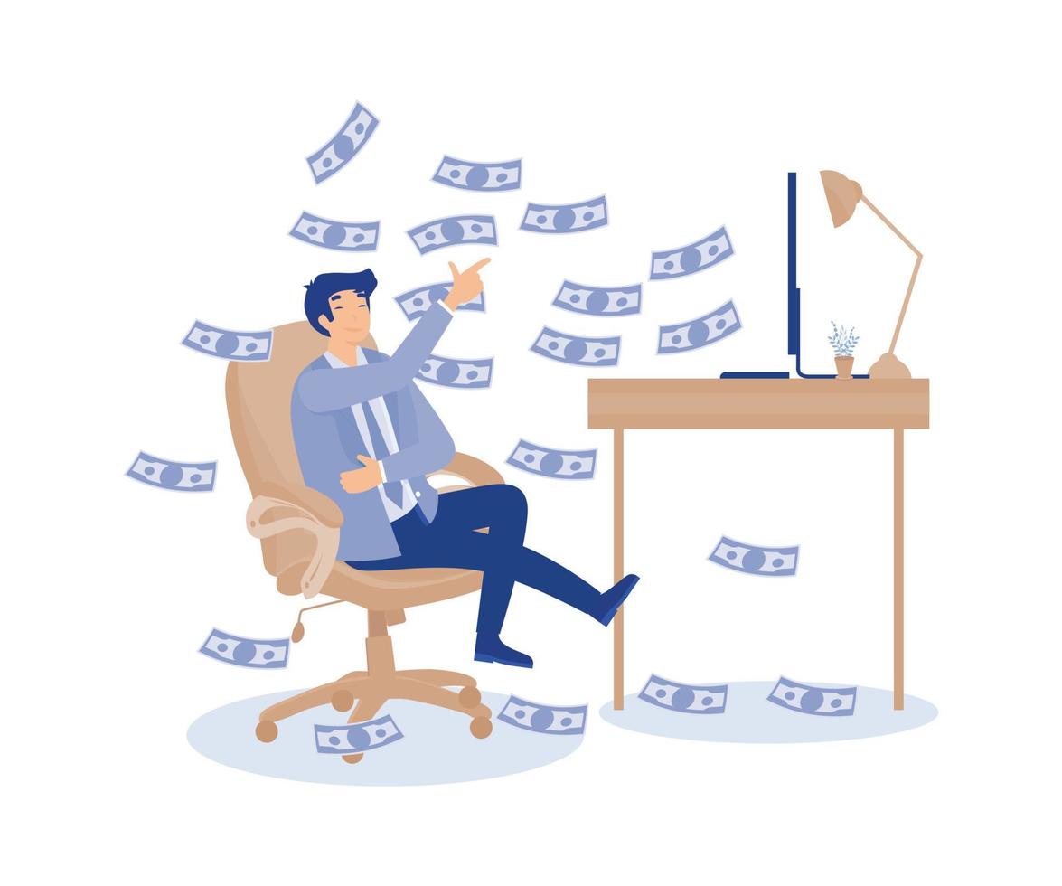 hacer dinero en línea, fácil dinero concepto, Rico empresario relajarse haciendo dinero desde computadora.moderna plano vector ilustración