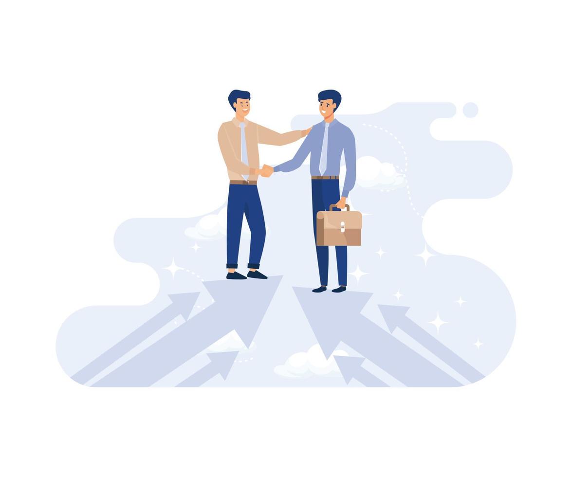 Cooperation partnership,collaborate concept, businessmen handshake on growth arrow,modern flat vector illustration