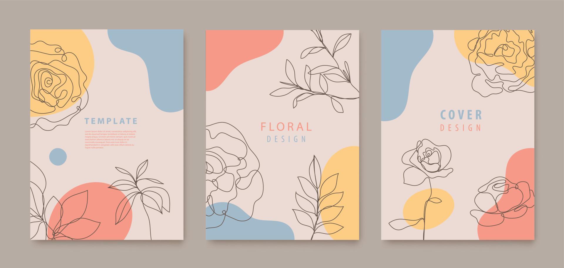 Vector set of continuous line flowers, leaves covers, banners, posters, cards, social media stories, flyers design templates. Trendy design with waves, pastel colors