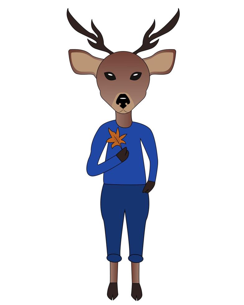 Funny deer in a suit and with a leaf in his hands vector illustration for children