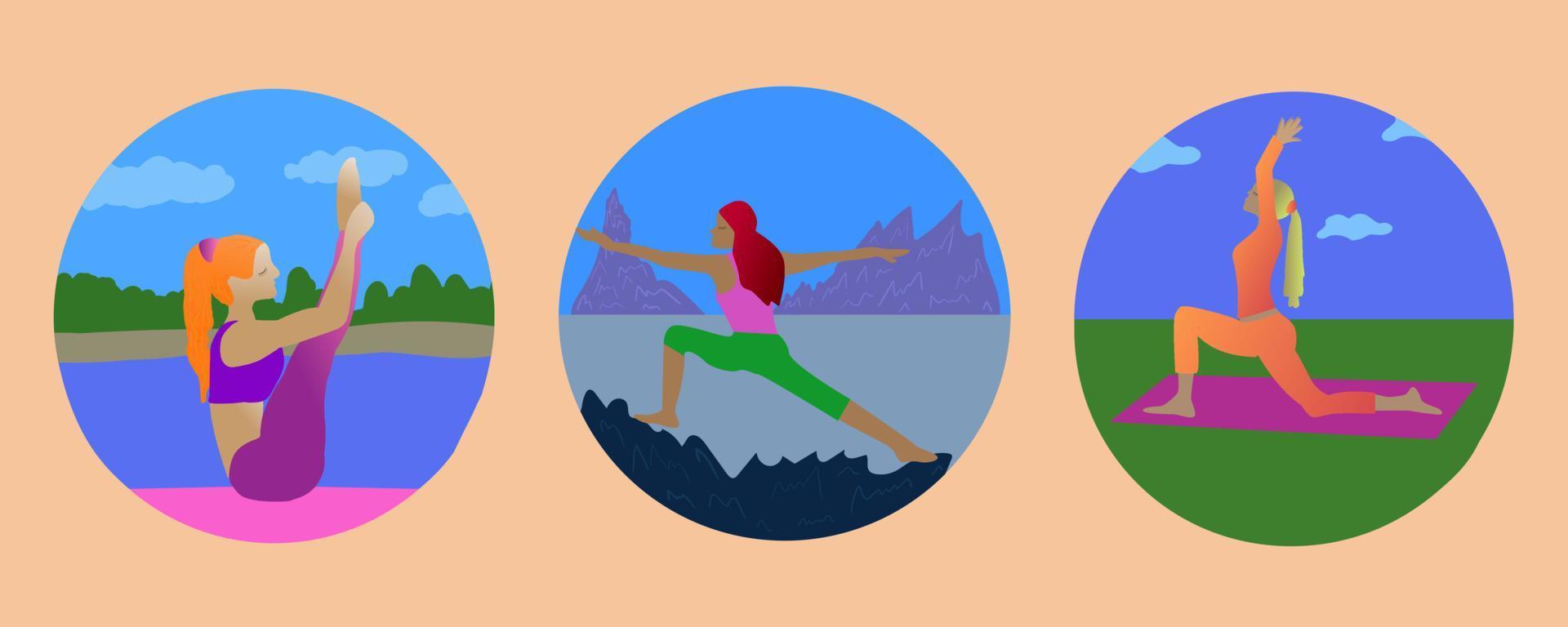 vector conjunto de yoga en naturaleza, asanas