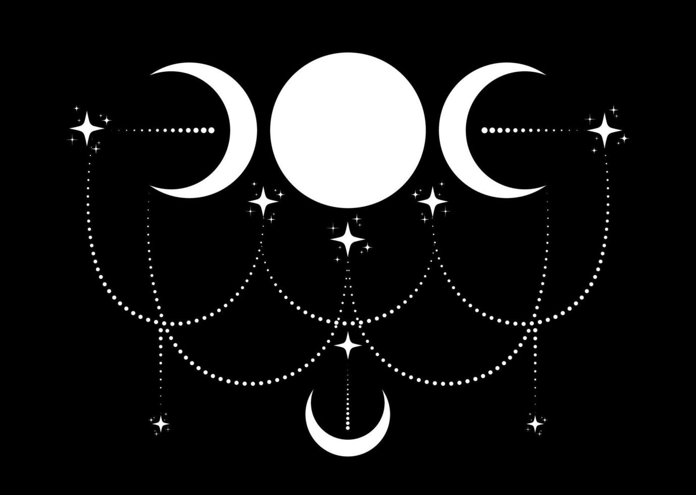 Triple Moon Religious wiccan sign. Wicca logo Neopaganism symbol, celtic boho style, Goddess icon tattoo, Goddess of the Moon, Crescent, half, full moon vector isolated on black background