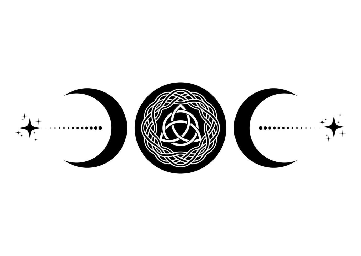 triple Luna religioso wiccan signo. wicca triquetra logo neopaganismo símbolo, céltico nudo triple diosa icono tatuaje, diosa de el luna, creciente, medio, lleno Luna vector aislado en blanco antecedentes