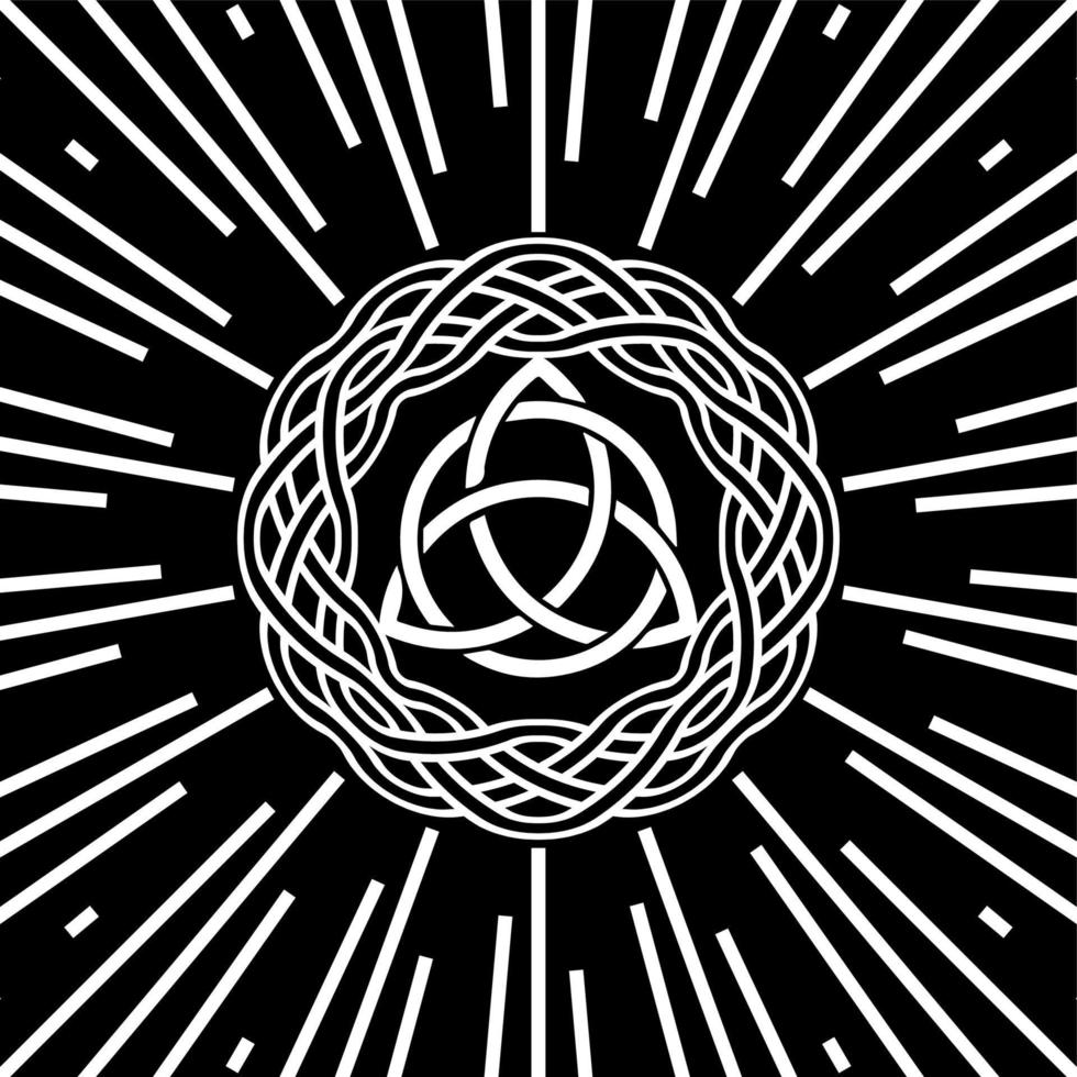 Triquetra, Trinity Knot, Wiccan symbol for protection. Vector white Celtic trinity knot set isolated on black background. Logo circle Wiccan divination symbol, Ancient tattoo occult symbols