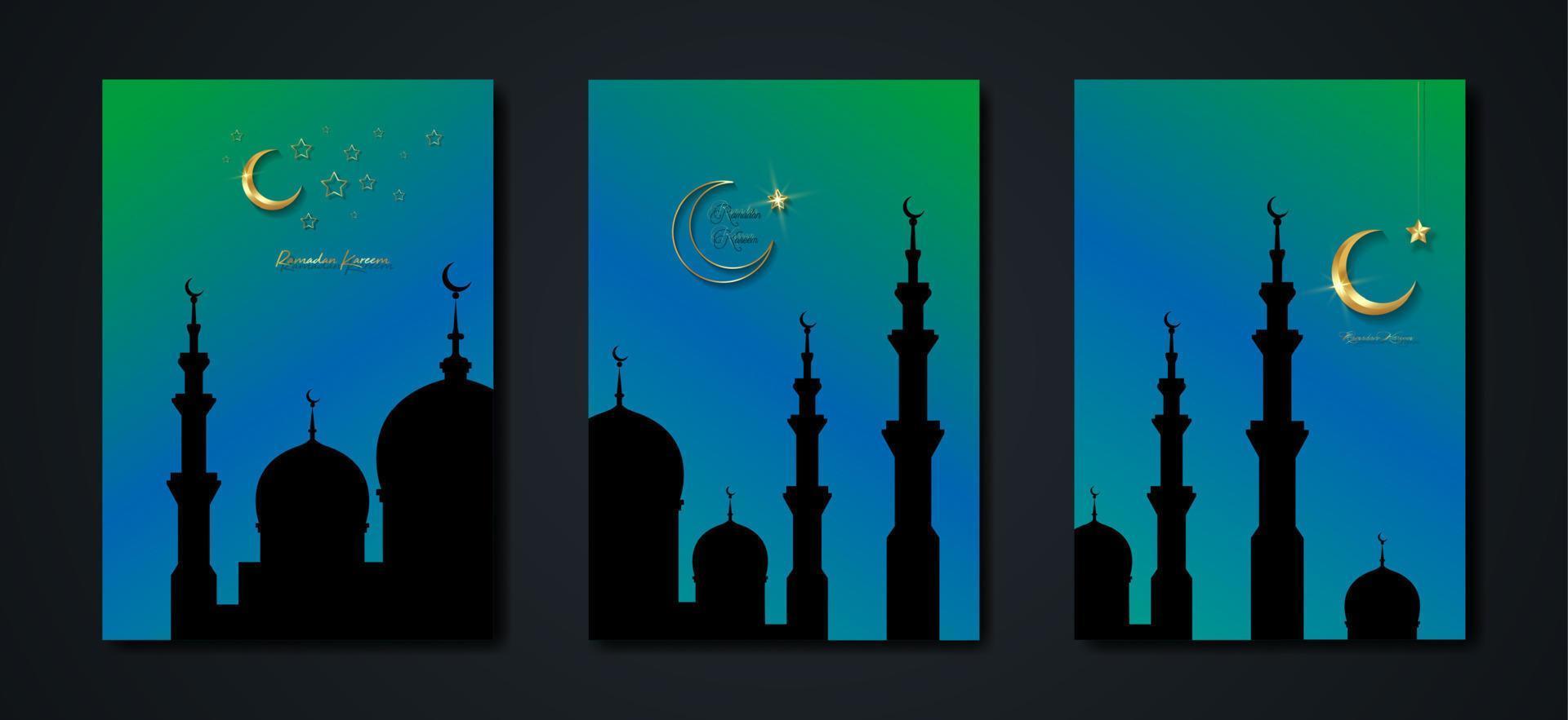 Ramadan Kareem 2023 vector set greeting card. Gold half moon on blue background. Colorful holiday poster with text, islamic symbol. Concept Muslim religion banner, flyer, party invitation, sale shop