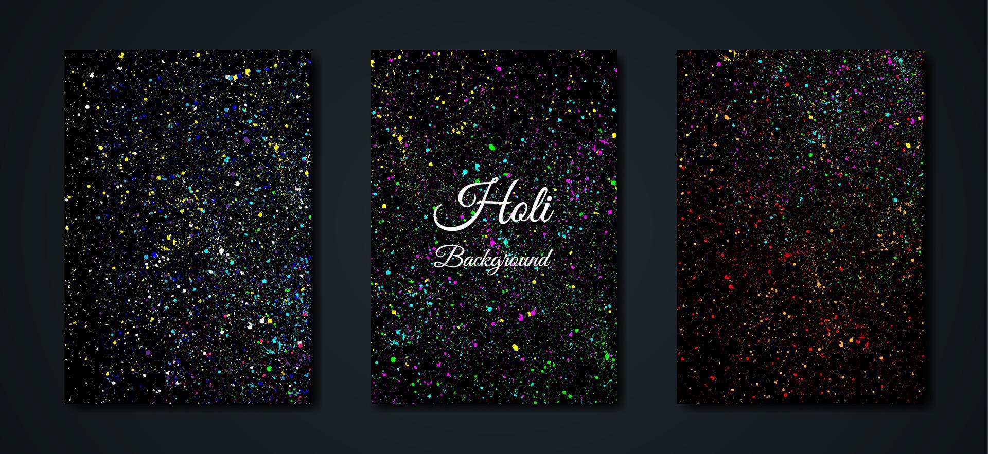banner del festival indio feliz holi, gulaal colorido, color en polvo, tarjeta negra de lujo con patrón de explosión y fondo multicolor de cristales, plantilla de color vibrante de ilustración vectorial vector
