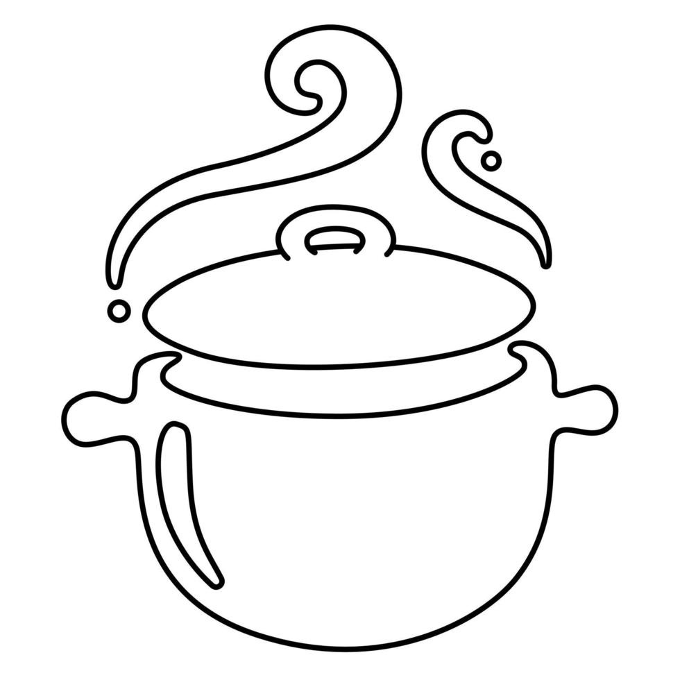 Soup pot drawing, kitchenware sketch with black thin line, boiling pot symbol simple design. vector