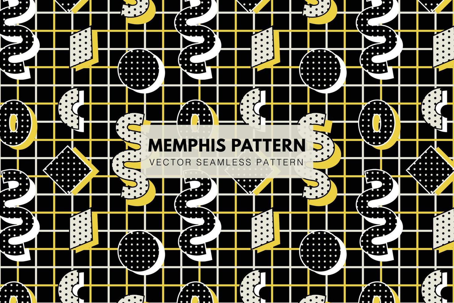 Memphis pattern black and white, yellow shadow seamless vector pattern