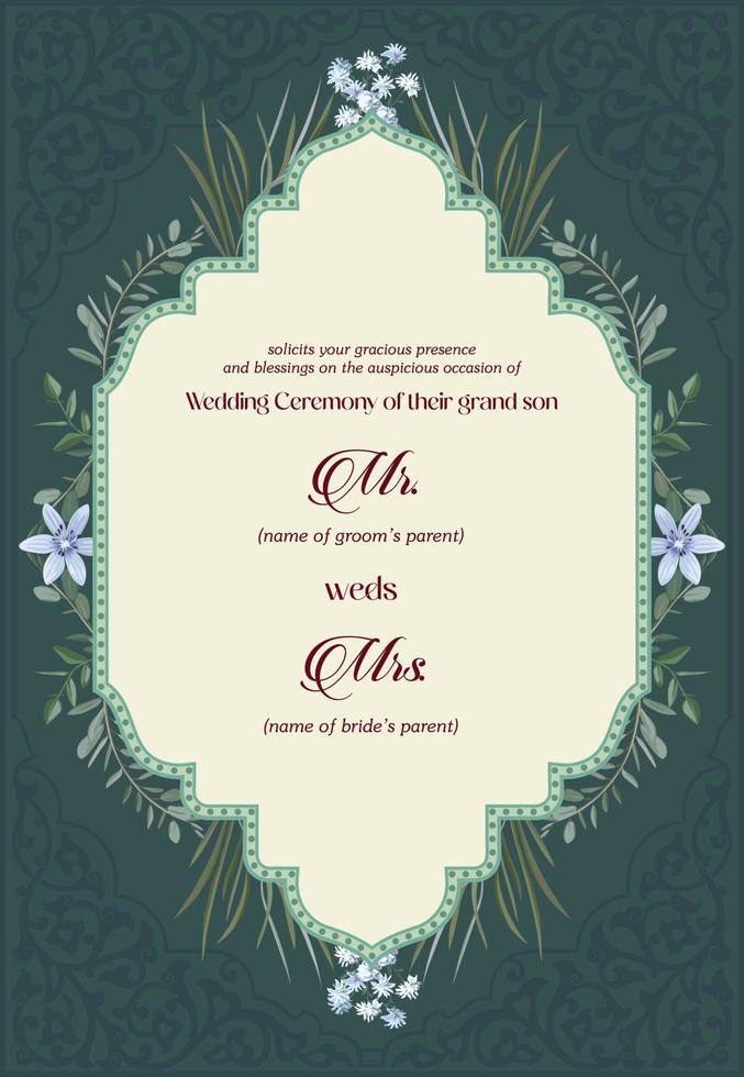 Wedding invitation arch design with floral frame. Vector illustration.