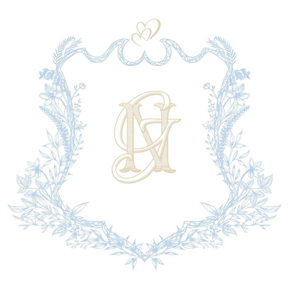 Floral Vintage Monogram Wedding Crest. Elegant NG initial wedding golden monogram with blue laurel wreath. vector