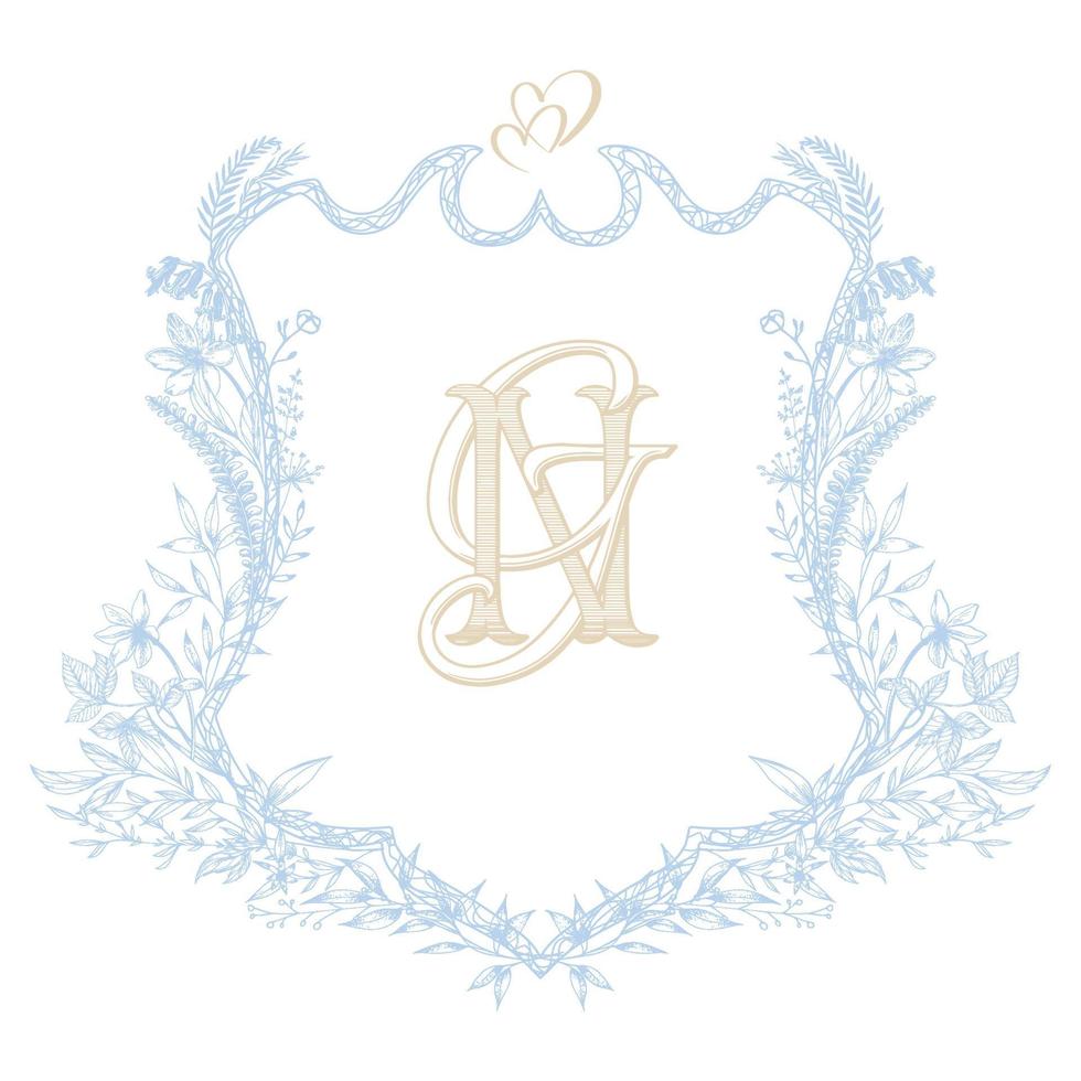 Floral Vintage Monogram Wedding Crest. Elegant NG initial wedding golden monogram with blue laurel wreath. vector