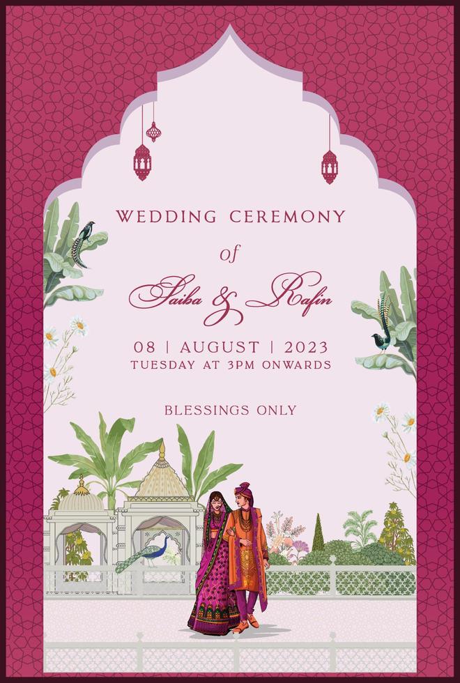 Boda invitación tarjeta diseño con indio mujer en sari indio Mughal Boda tarjeta para impresión. vector