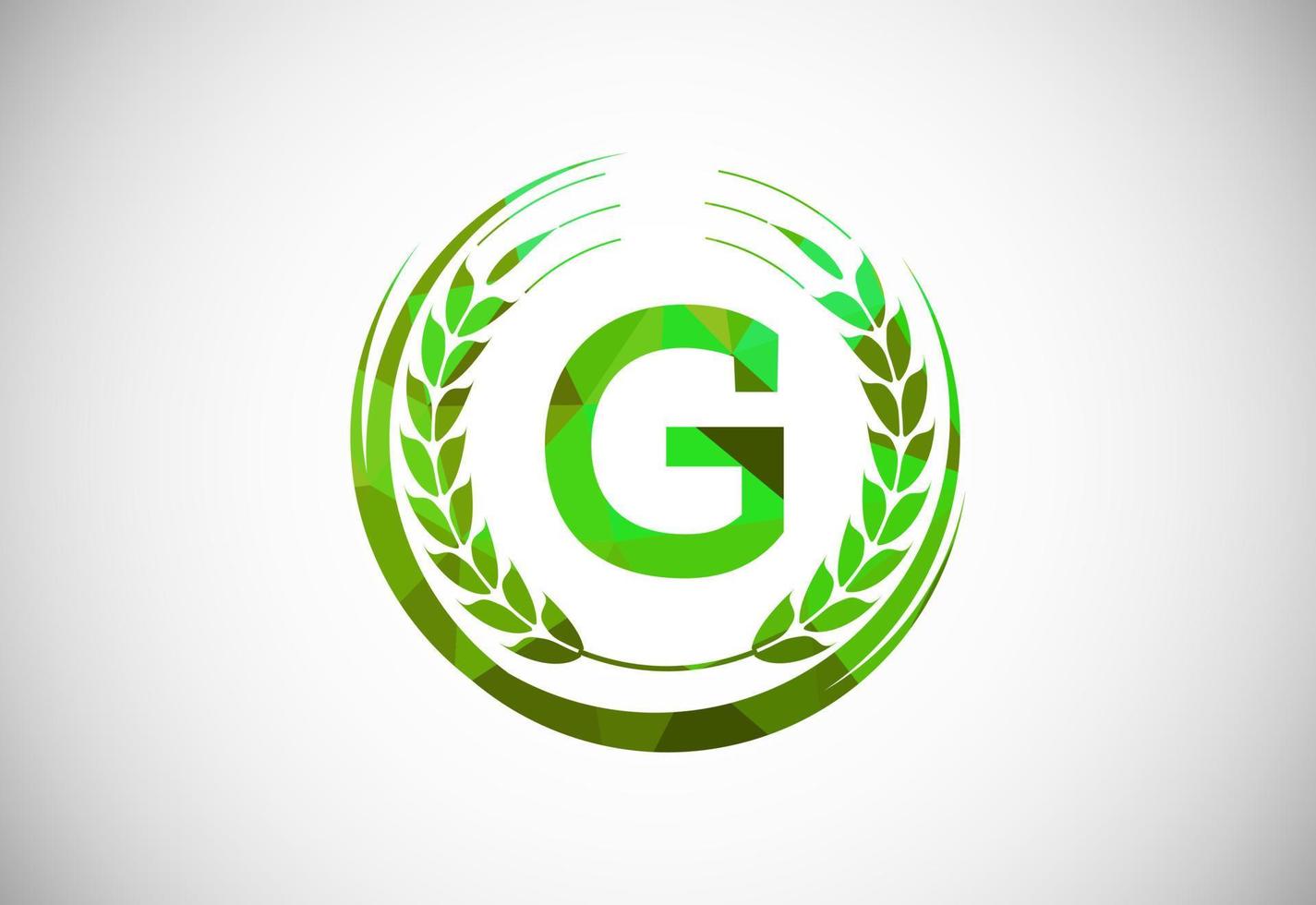 Alphabet G sign with a wheat wreath. Polygonal low poly organic wheat farming logo concept. Agriculture logo design vector template.