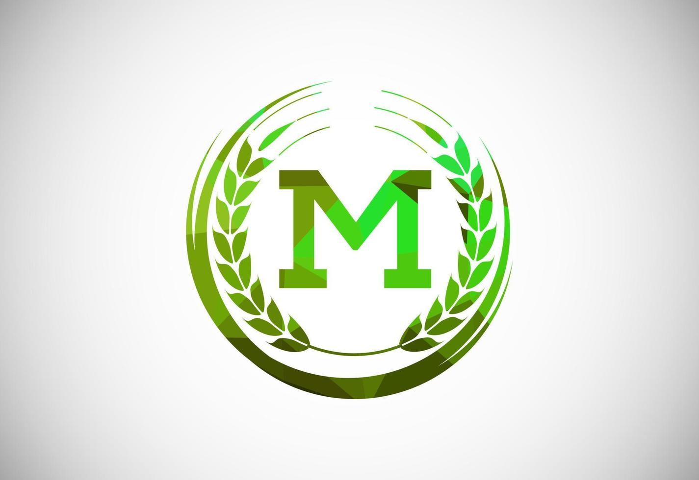 Alphabet M sign with a wheat wreath. Polygonal low poly organic wheat farming logo concept. Agriculture logo design vector template.