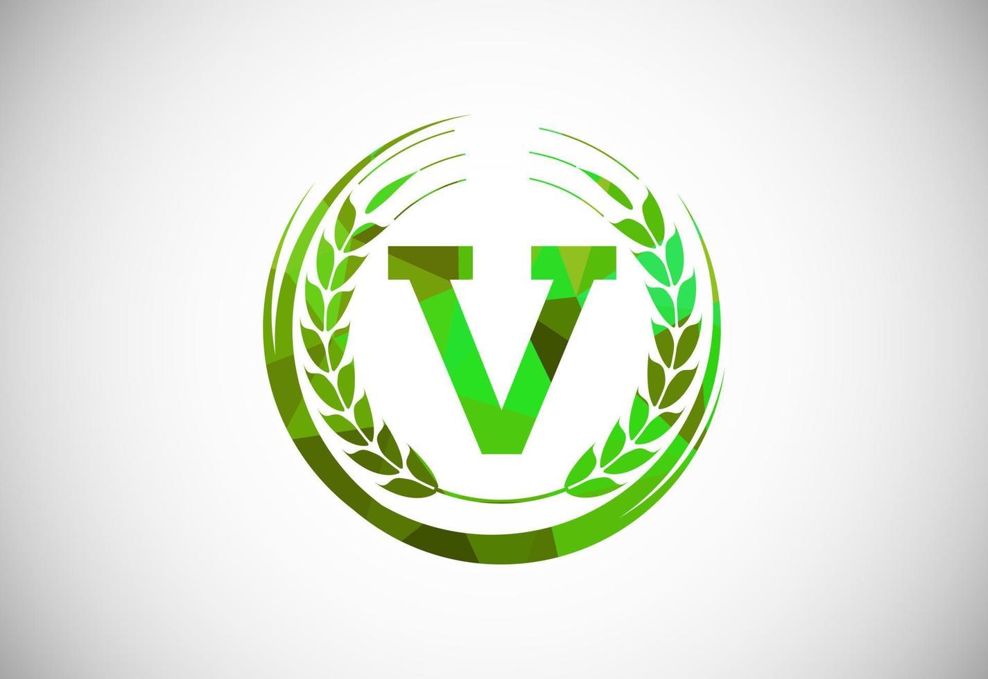 Alphabet V sign with a wheat wreath. Polygonal low poly organic wheat farming logo concept. Agriculture logo design vector template.