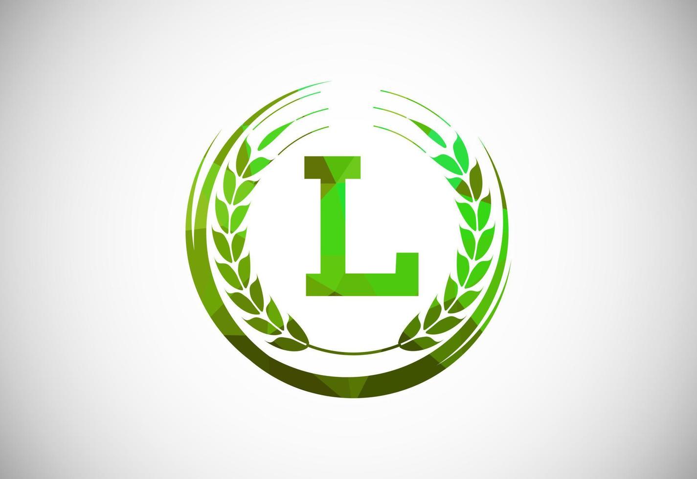 Alphabet L sign with a wheat wreath. Polygonal low poly organic wheat farming logo concept. Agriculture logo design vector template.