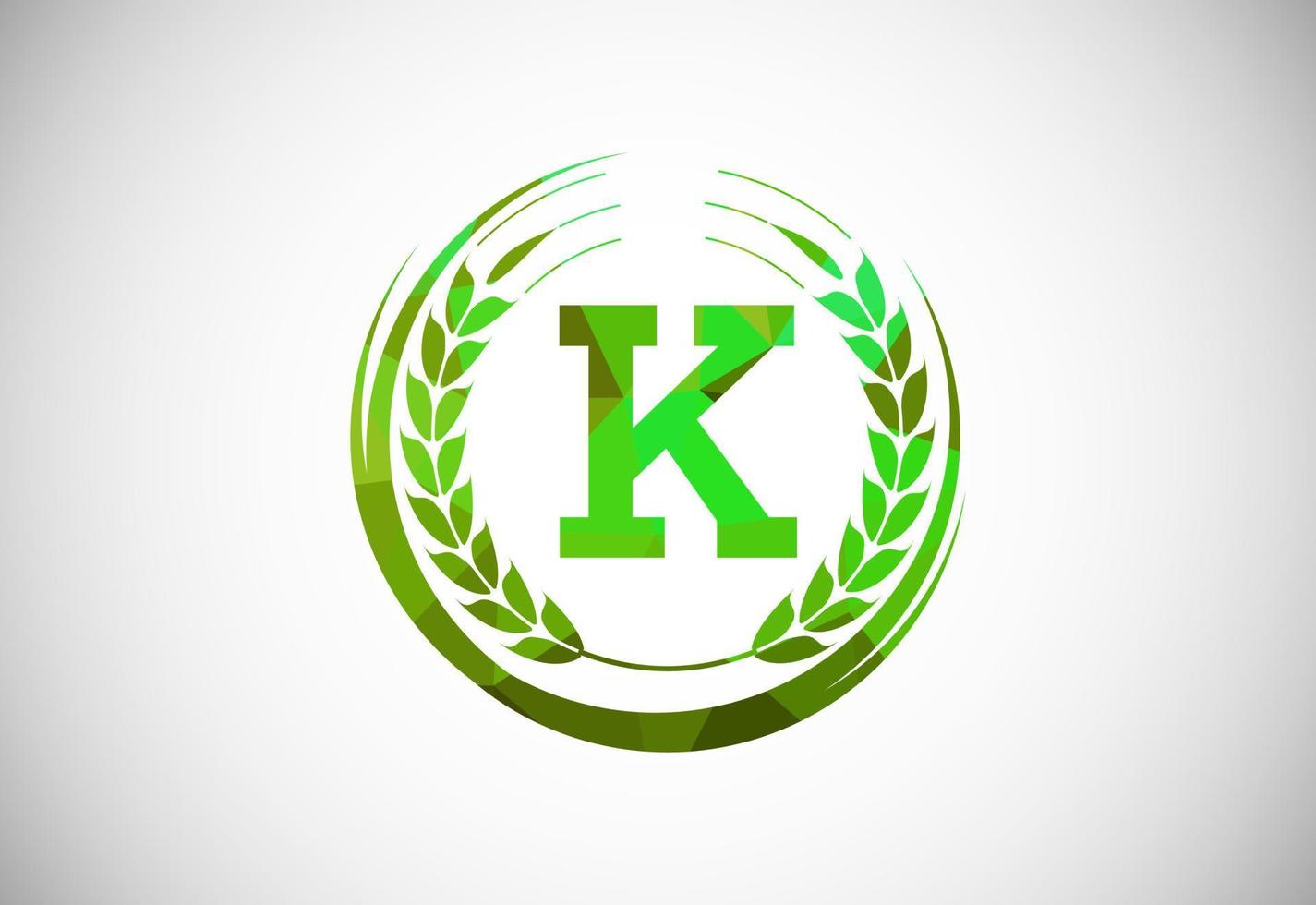 Alphabet K sign with a wheat wreath. Polygonal low poly organic wheat farming logo concept. Agriculture logo design vector template.