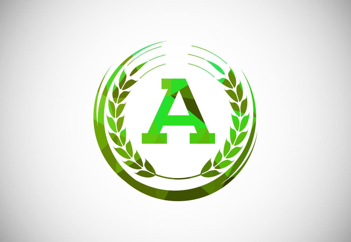 Alphabet A sign with a wheat wreath. Polygonal low poly organic wheat farming logo concept. Agriculture logo design vector template.