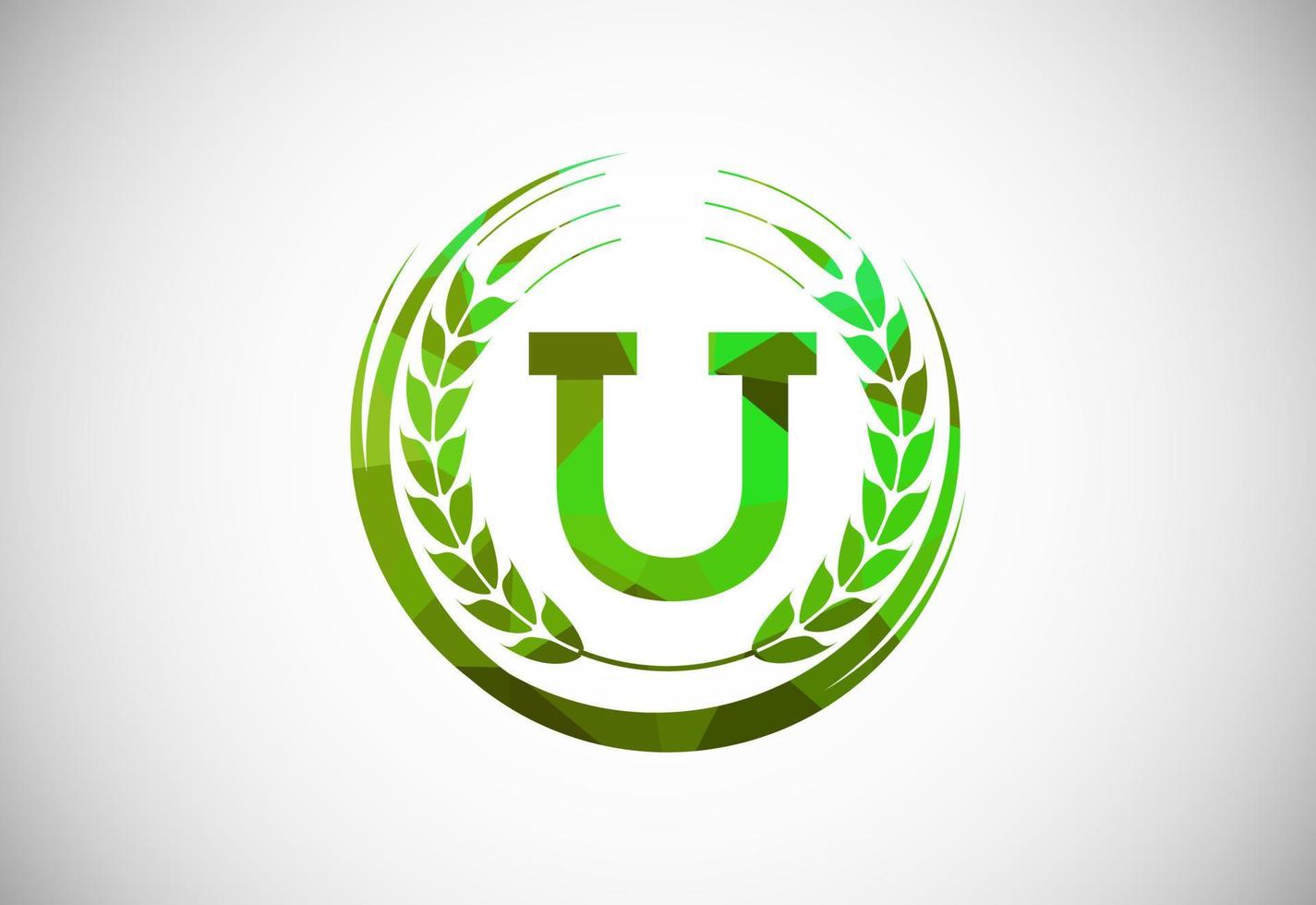 Alphabet U sign with a wheat wreath. Polygonal low poly organic wheat farming logo concept. Agriculture logo design vector template.