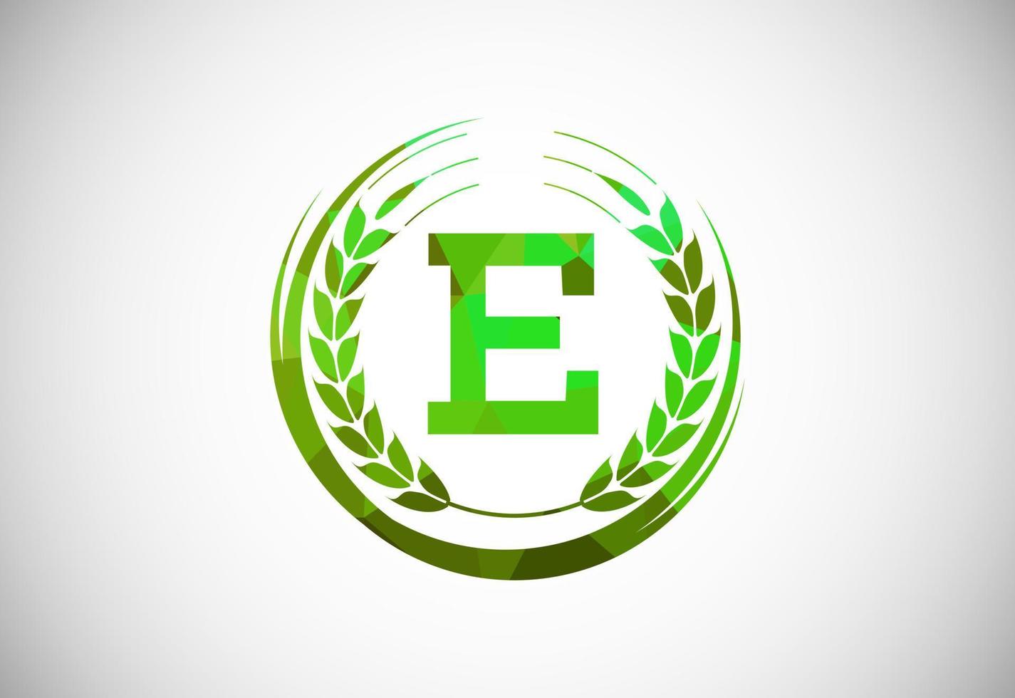 Alphabet E sign with a wheat wreath. Polygonal low poly organic wheat farming logo concept. Agriculture logo design vector template.