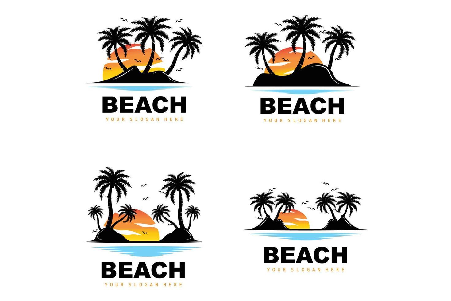 logo de árbol de coco con ambiente de playa, vector de planta de playa, diseño de vista de puesta de sol