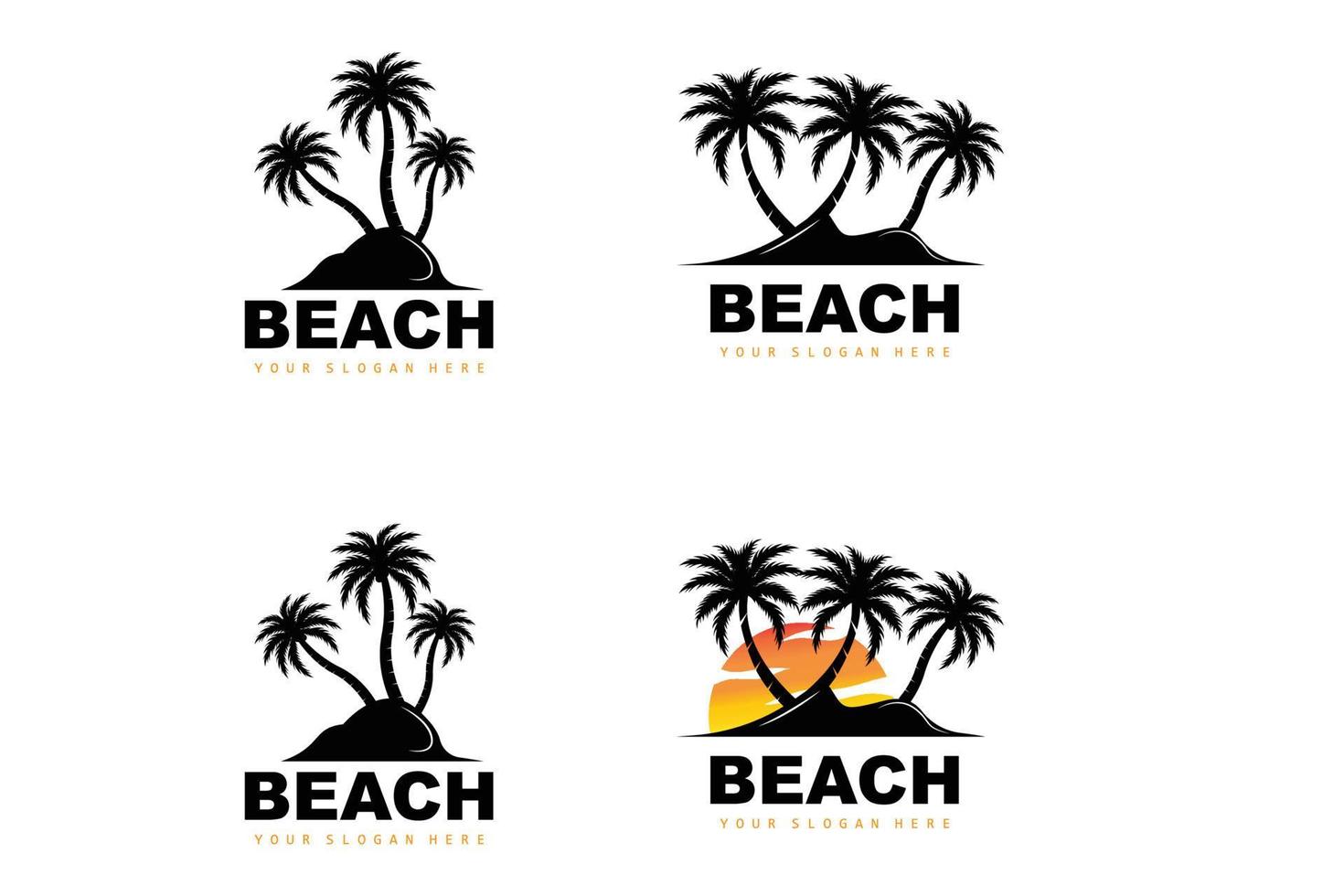 logo de árbol de coco con ambiente de playa, vector de planta de playa, diseño de vista de puesta de sol