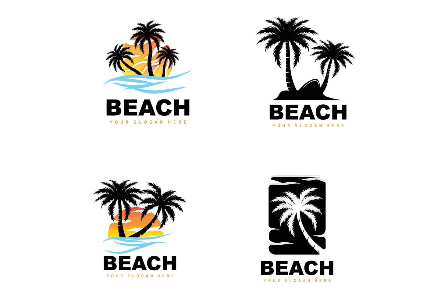 logo de árbol de coco con ambiente de playa, vector de planta de playa, diseño de vista de puesta de sol