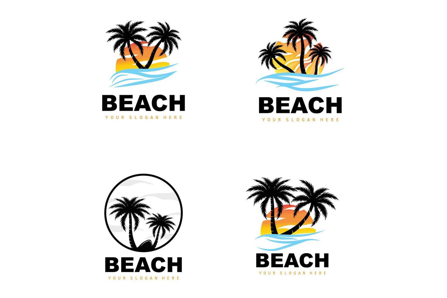 Coconut Tree Logo With Beach Atmosphere, Beach Plant Vector, Sunset View Design vector