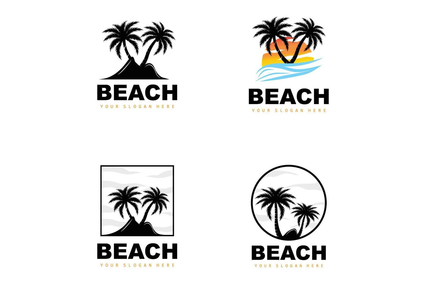 logo de árbol de coco con ambiente de playa, vector de planta de playa, diseño de vista de puesta de sol