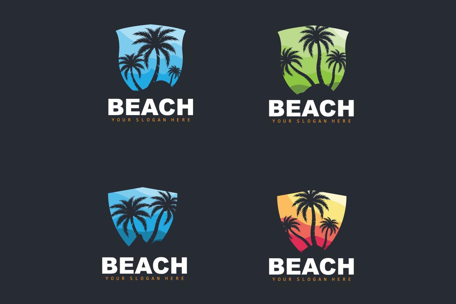 logo de árbol de coco con ambiente de playa, vector de planta de playa, diseño de vista de puesta de sol